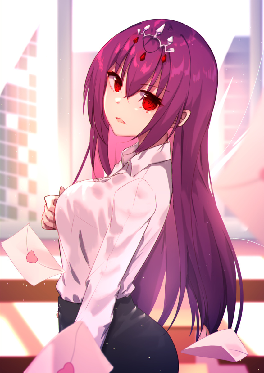 1girl :d alternate_costume bangs breasts dress_shirt fate/grand_order fate_(series) hair_between_eyes headpiece heart_stickers highres large_breasts long_hair long_sleeves looking_at_viewer love_letter mo_(pixiv9929995) office_lady open_mouth purple_hair red_eyes scathach_(fate)_(all) scathach_skadi_(fate/grand_order) shirt skirt smile solo tiara window