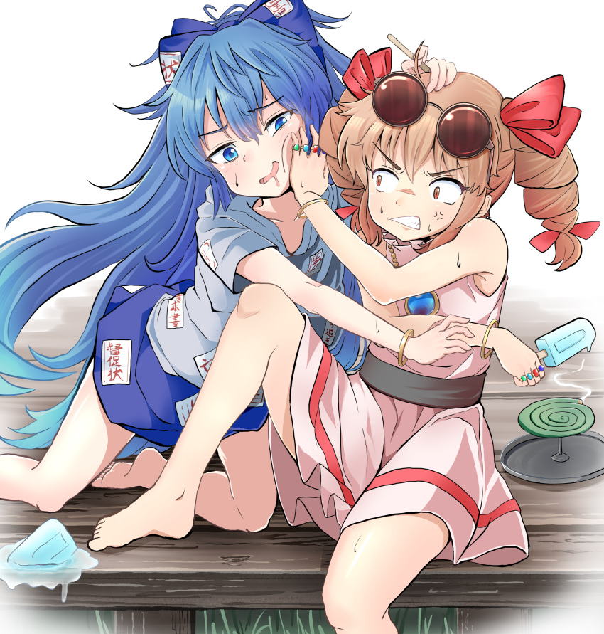 2girls absurdres ahoge anger_vein bangle bangs bare_arms bare_shoulders barefoot belt blue_eyes blue_hair blue_hoodie blue_skirt bow bracelet clenched_teeth collarbone commentary_request constricted_pupils debt dress drill_hair drooling eyebrows_visible_through_hair eyewear_on_head food furrowed_eyebrows grimace hair_bow hair_ribbon hand_on_another's_face hand_on_another's_head highres holding holding_food hood hood_down jewelry knee_up kneeling leaning_on_person light_brown_hair long_hair looking_at_another looking_at_viewer mosquito_coil multiple_girls necklace open_mouth pendant pink_dress popsicle popsicle_stick pushing_away reaching red_eyes ribbon ring siblings sideways_glance sisters sitting skirt sleeveless sleeveless_dress sunglasses sweat teeth touhou twin_drills veranda very_long_hair white_background yorigami_jo'on yorigami_shion yossy_(yossy1130)