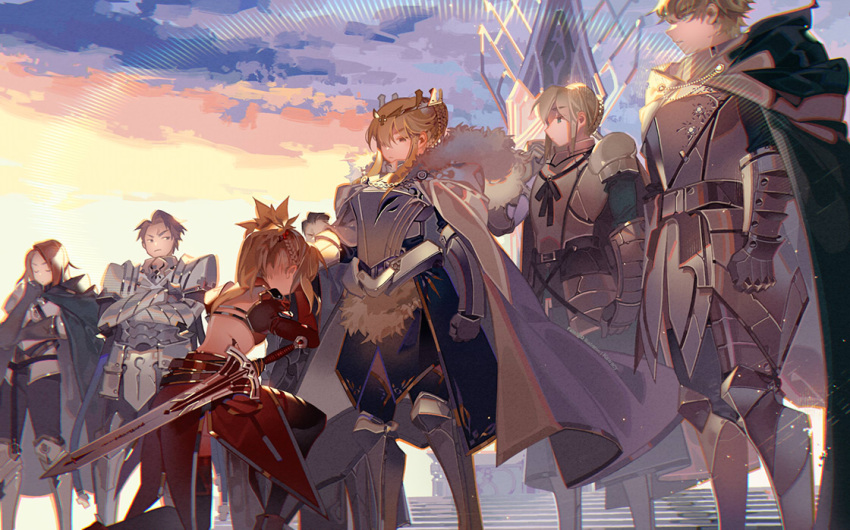 3girls 4boys armor artoria_pendragon_(all) artoria_pendragon_(lancer) bedivere blonde_hair bow braid brown_hair cape character_request commentary_request crown detached_sleeves fate/grand_order fate_(series) gauntlets hair_ornament hair_scrunchie kawacy kneeling mordred_(fate) mordred_(fate)_(all) multiple_boys multiple_girls ponytail red_bow red_scrunchie scrunchie shoulder_plates standing sword tagme thigh-highs weapon
