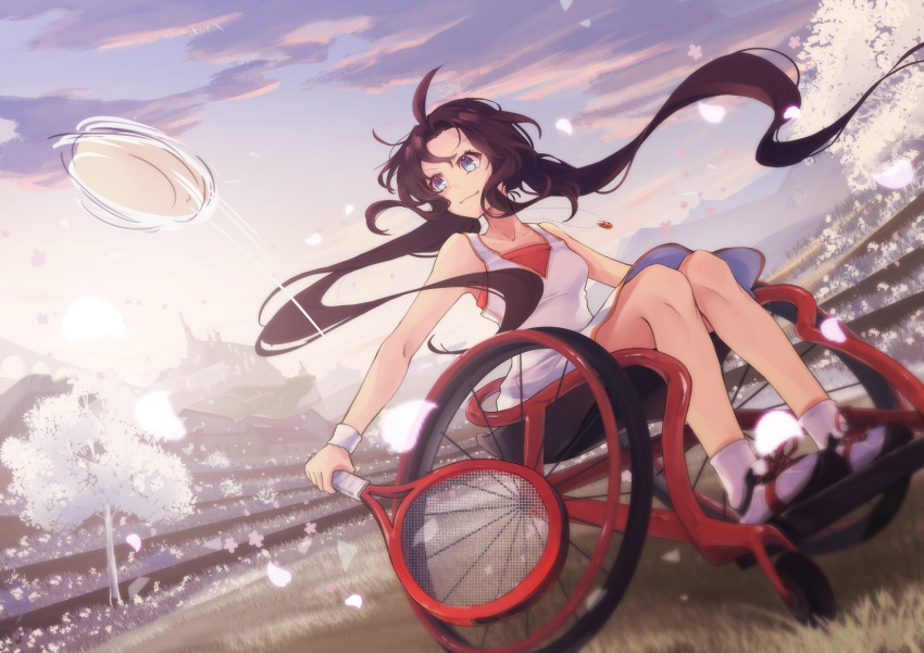 1girl ahoge ball blue_eyes brown_hair commentary_request dress fantasy highres jewelry long_hair motion_lines necklace original petals racket ring_necklace san+ shoes sitting sneakers socks solo sunlight tennis tennis_ball tennis_racket tree twintails very_long_hair wheelchair white_dress