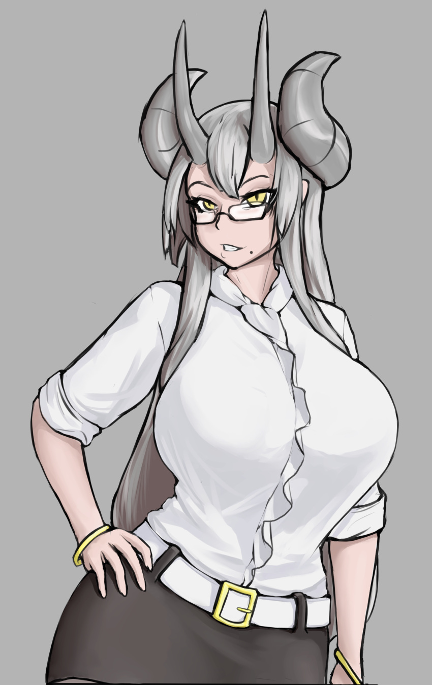 1girl asura_senki belt borrowed_character breasts contrapposto demon_girl glasses grey_background grin hand_on_hip highres horns huge_breasts long_hair mole mole_under_mouth office_lady office_lady_(eu03) oni_horns original pencil_skirt semi-rimless_eyewear shirt silver_hair skirt sleeves_rolled_up slit_pupils smile solo standing under-rim_eyewear yellow_eyes