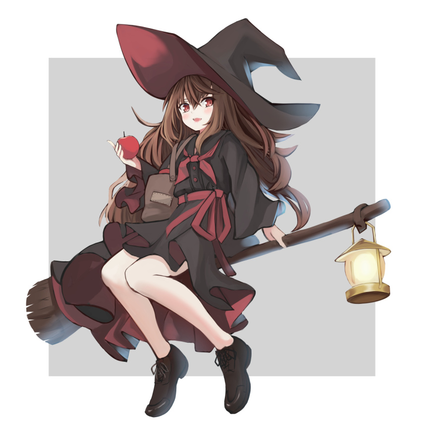 1girl apple broom broom_riding brown_hair food fruit hat highres lantern long_hair original red_eyes simple_background solo witch witch_hat x_ace_k_x