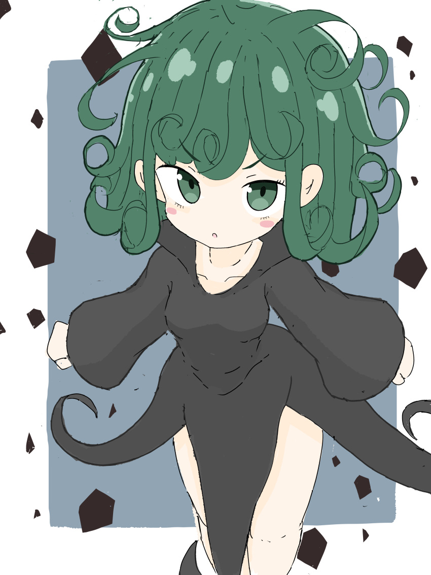 1girl :o absurdres bangs black_dress blush_stickers breasts collarbone commentary_request dress eyebrows_visible_through_hair feet_out_of_frame green_eyes green_hair grey_background highres long_hair long_sleeves looking_at_viewer one-punch_man parted_lips rururu_(pyrk8855) sleeves_past_wrists small_breasts solo standing tatsumaki two-tone_background v-shaped_eyebrows white_background wide_sleeves