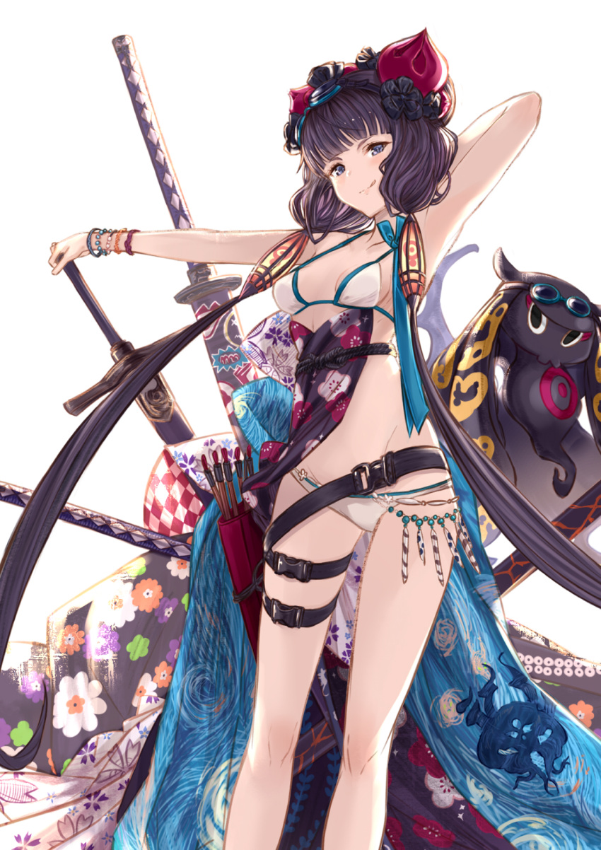 1girl arm_behind_head armpits bangs bare_shoulders beads belt bikini blush bracelet breasts collarbone fate/grand_order fate_(series) floral_print goggles goggles_on_head hair_ornament highres jewelry katana katsushika_hokusai_(fate/grand_order) katsushika_hokusai_(swimsuit_saber)_(fate) looking_at_viewer multiple_swords obi octopus purple_hair sash short_hair short_hair_with_long_locks sidelocks simple_background smile solo swimsuit sword thigh_strap thighs tokitarou_(fate/grand_order) violet_eyes weapon white_bikini yatsuka_(846)