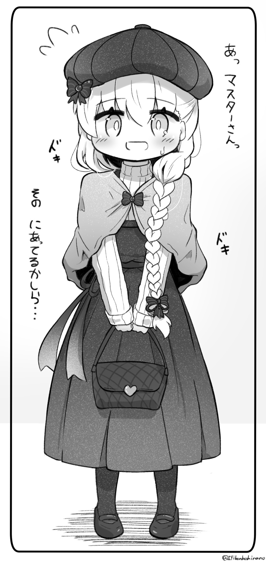 1girl :d absurdres alternate_costume bag bangs beret blush bow braid capelet commentary_request dress eyebrows_visible_through_hair fate/extra fate_(series) flying_sweatdrops greyscale hair_between_eyes hair_bow hair_over_shoulder handbag hat hat_bow heart highres holding holding_bag long_hair long_sleeves looking_at_viewer mary_janes monochrome nursery_rhyme_(fate/extra) open_mouth pantyhose pleated_dress ribbed_sweater shoes sleeves_past_wrists smile solo striped striped_bow sweat sweater translation_request twitter_username v_arms very_long_hair white_background yuya090602