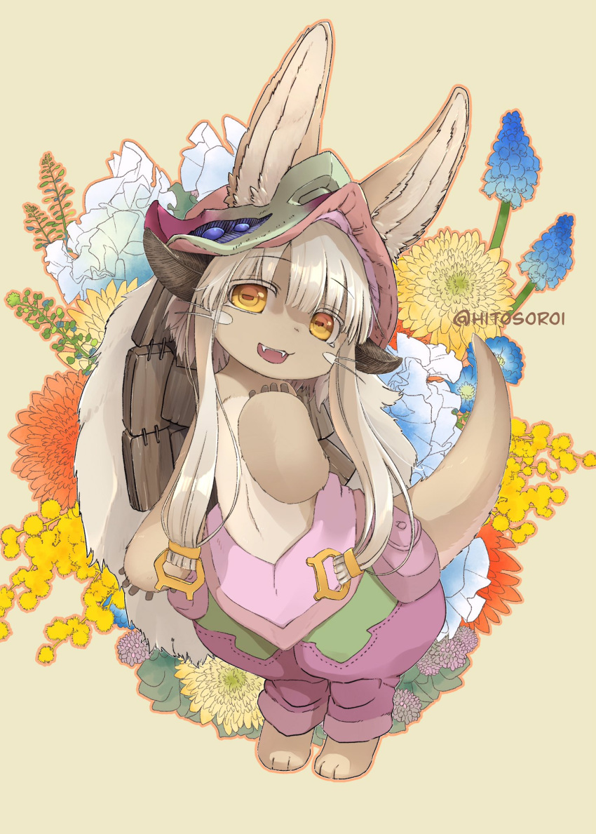 1girl animal_ears dog_tail fangs flower full_body furry hand_to_own_mouth hat highres hitosoroi long_hair made_in_abyss nanachi_(made_in_abyss) navel open_mouth pants paws rabbit_ears red_headwear red_pants silver_hair smile solo tail topless whiskers yellow_eyes