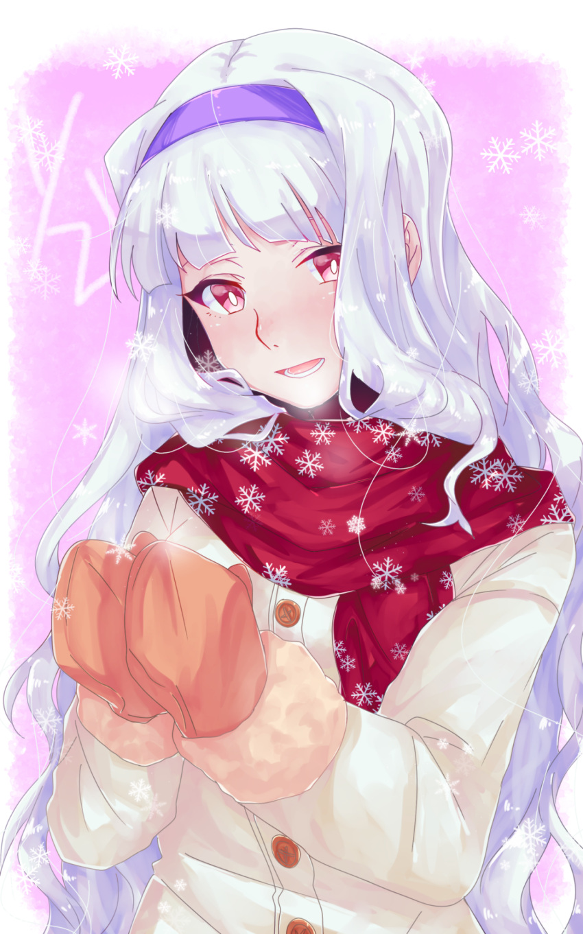 1girl blush breath coat gloves hairband highres idolmaster idolmaster_(classic) long_hair open_mouth red_eyes scarf shijou_takane silver_hair snowflakes solo winter winter_clothes yuchibou