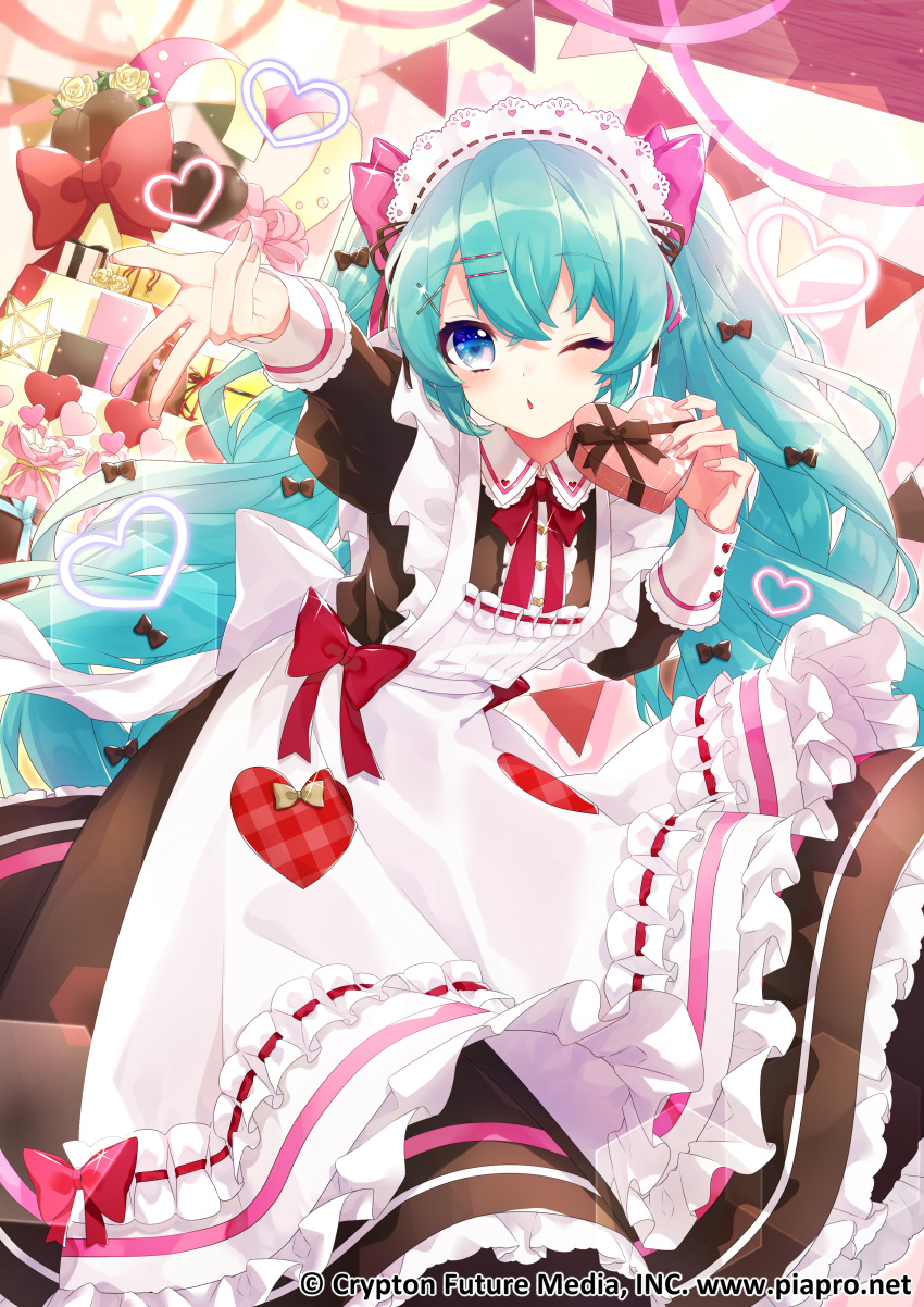 1girl absurdres apron aqua_hair bangs black_bow black_dress blown_kiss blue_eyes blush bow commentary_request dress eyebrows_visible_through_hair fingernails frilled_apron frills gari_(apollonica) gift hair_bow hair_ornament hairclip hatsune_miku hatsune_miku_graphy_collection heart heart-shaped_pupils highres holding holding_gift juliet_sleeves leaning_forward long_hair long_sleeves looking_at_viewer maid maid_apron maid_headdress neck_ribbon official_art one_eye_closed pennant pink_bow puckered_lips puffy_sleeves red_bow red_ribbon ribbon solo string_of_flags symbol-shaped_pupils twintails very_long_hair vocaloid watermark web_address white_apron wing_collar x_hair_ornament