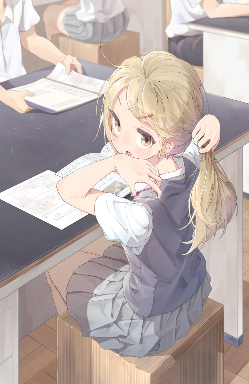 12_graka 1girl blonde_hair classroom commentary hair_ornament hairclip highres looking_at_viewer original ponytail school_uniform scrunchie sitting solo_focus tying_hair yellow_eyes