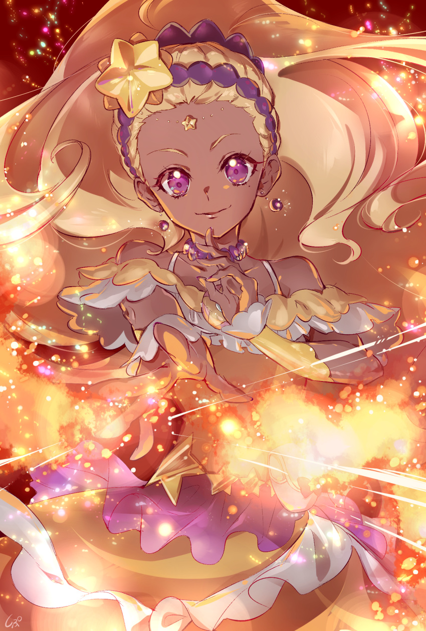 1girl amamiya_erena blonde_hair choker closed_mouth collarbone cowboy_shot cure_soleil dark_skin dress earrings fire floating_hair hair_ornament high_ponytail highres jewelry long_hair looking_at_viewer outstretched_arm precure shiny shiny_skin shipu_(gassyumaron) sleeveless smile solo standing star star_hair_ornament star_twinkle_precure very_long_hair violet_eyes yellow_dress