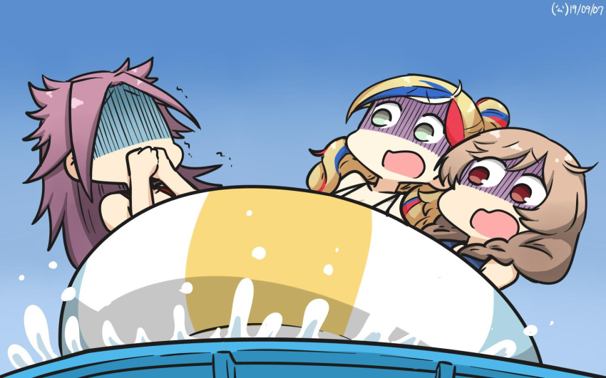 3girls blonde_hair blue_hair blue_sky braid cloud_hair_ornament commandant_teste_(kantai_collection) commentary_request covering_mouth dated day gradient_sky hamu_koutarou highres inflatable_raft jun'you_(kantai_collection) kantai_collection light_brown_hair long_hair minegumo_(kantai_collection) multicolored_hair multiple_girls outdoors ponytail purple_hair red_eyes redhead shaded_face sky spiky_hair streaked_hair twin_braids upper_body wavy_hair