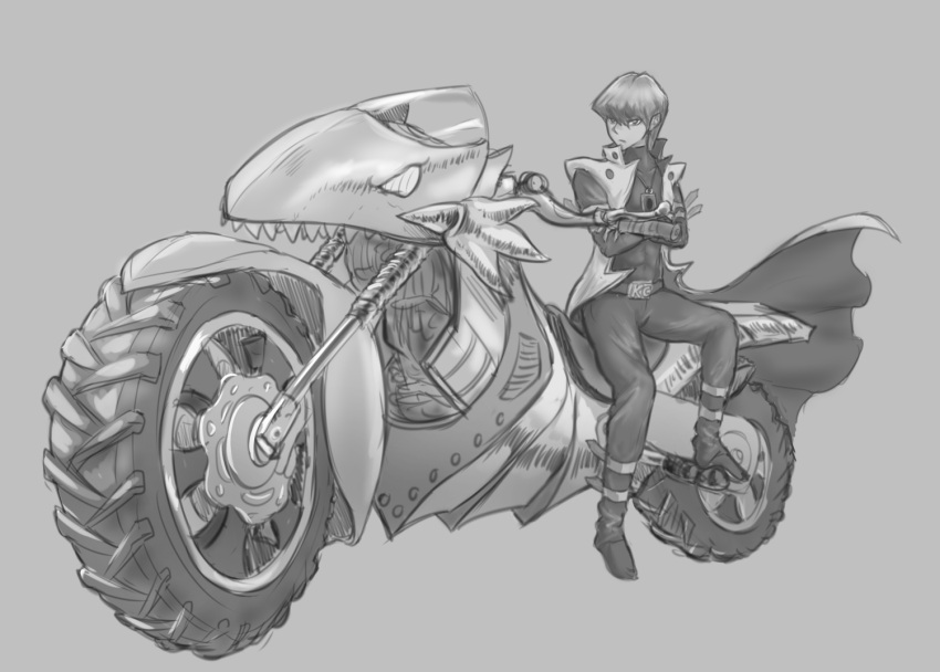 1boy belt belt_buckle buckle card crossed_arms drawfag full_body greyscale ground_vehicle jacket jewelry kaiba_seto male_focus monochrome motor_vehicle motorcycle necklace pants sitting sketch solo yuu-gi-ou