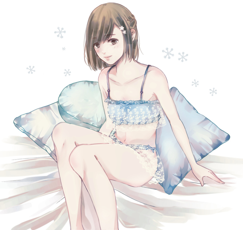1girl bangs bare_arms bare_shoulders blue_bra blush bra braid brown_eyes brown_hair collarbone commentary_request eyebrows_visible_through_hair fueguchi_hinami hair_ornament highres looking_at_viewer pillow short_hair sitting smile solo tokyo_ghoul toukaairab underwear