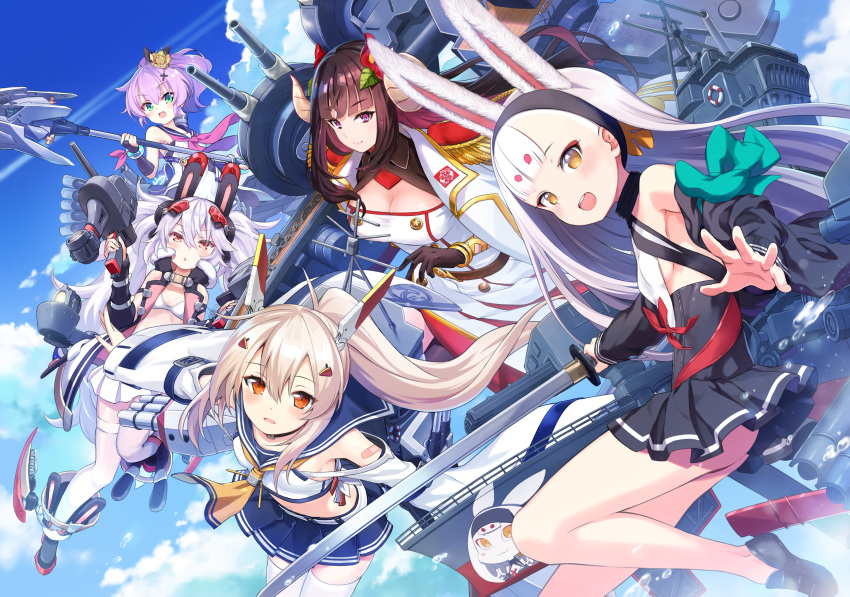 5girls absurdres animal_ears artist_request ayanami_(azur_lane) azur_lane bare_shoulders crown eyebrows_visible_through_hair fake_animal_ears gloves green_eyes hair_between_eyes high_ponytail highres holding holding_sword holding_weapon horns javelin_(azur_lane) katana laffey_(azur_lane) long_hair looking_at_viewer multiple_girls official_art open_mouth orange_eyes ponytail purple_hair retrofit_(azur_lane) shimakaze_(azur_lane) shirt silver_hair sleeveless sleeveless_shirt suruga_(azur_lane) sword twintails violet_eyes weapon white_camisole white_legwear