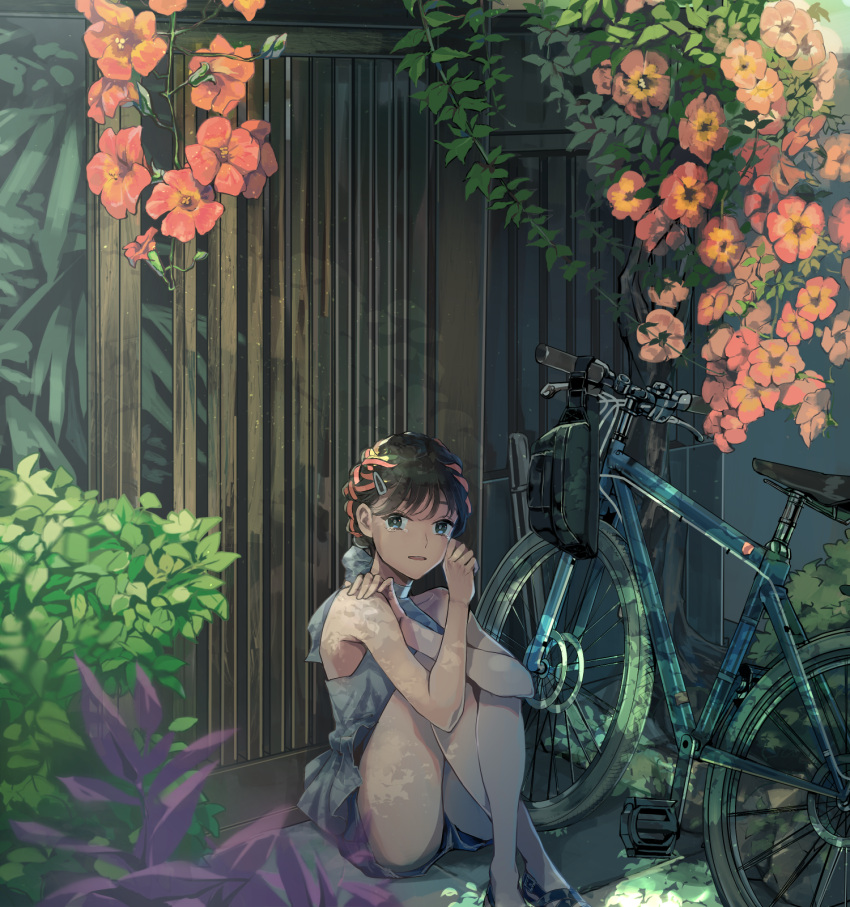 1girl bag bangs bare_arms bare_legs bare_shoulders bicycle braid brown_hair commentary_request flower ground_vehicle hair_ornament hairclip highres hina_(xoxo) original outdoors plant red_flower shirt shoes short_hair sitting solo tearing_up white_shirt
