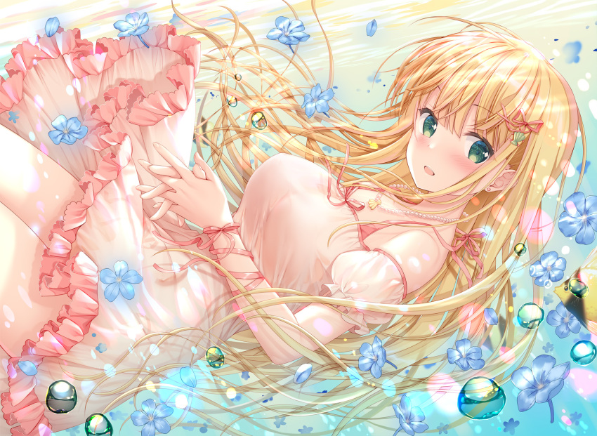 1girl :d air_bubble bare_shoulders bead_necklace beads blonde_hair blue_flower breasts bubble dress earrings fanbox_reward floating_hair flower freediving frilled_dress frills green_eyes hair_ornament hair_ribbon highres inagaki_minami interlocked_fingers jewelry large_breasts long_hair looking_at_viewer necklace open_mouth original own_hands_together paid_reward puffy_short_sleeves puffy_sleeves ribbon short_sleeves sidelocks smile solo sousouman thighs underwater water white_dress wrist_ribbon