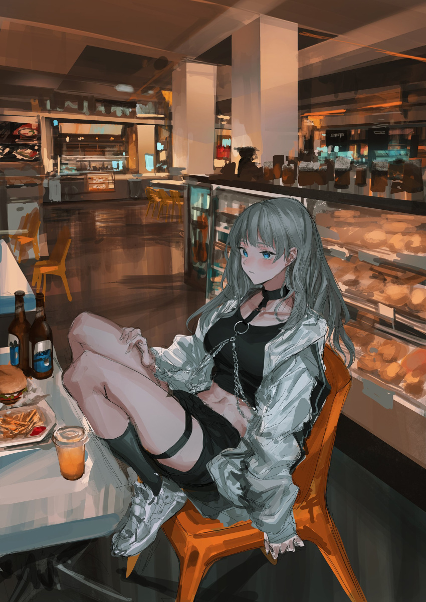 1girl absurdres bakery bangs beer_bottle black_legwear blue_eyes bread chain chair choker crop_top cup expressionless food french_fries green_hair hamburger hand_on_leg highres indoors jacket lm7_(op-center) long_hair looking_to_the_side open_clothes open_jacket original restaurant shoes shop shorts sitting sneakers socks solo white_footwear white_jacket