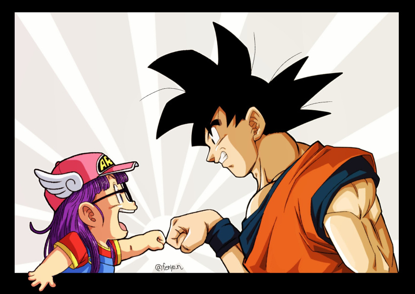 1boy 1girl :d baseball_cap bird_studio black_border black_eyes black_hair blue_eyes border character_name clothes_writing commentary_request creator_connection crossover dougi dr._slump dragon_ball dragon_ball_z eye_contact fenyon fist_bump glasses grin hat highres long_hair looking_at_another muscle norimaki_arale open_mouth outside_border overalls profile purple_hair red_shirt shaded_face shirt short_sleeves shueisha smile son_gokuu spiky_hair teeth toei_animation tongue toriyama_akira twitter_username upper_body winged_hat wristband