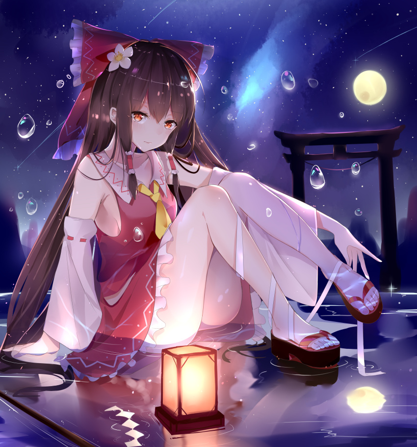 1girl absurdres arm_support ascot ass bangs bare_shoulders black_footwear black_hair blush bow commentary_request detached_sleeves dleung eyebrows_visible_through_hair flower frilled_bow frills full_moon hair_between_eyes hair_bow hair_flower hair_ornament hakurei_reimu highres knees_up long_hair long_sleeves looking_at_viewer miniskirt moon night night_sky outdoors red_bow red_eyes red_skirt reflection ribbon sandals skirt skirt_set sky solo sparkle star_(sky) starry_sky thighs torii touhou very_long_hair water water_drop white_flower white_ribbon wide_sleeves yellow_neckwear