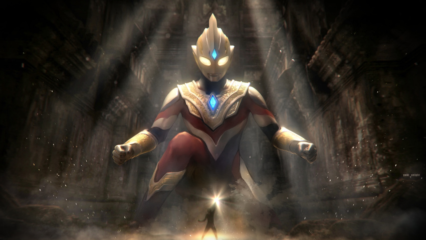 2boys absurdres alien chinese_commentary clenched_hands giant glowing glowing_eyes highres jueduihuoli kneeling light looking_down manaka_kengo mixed-language_commentary multiple_boys silhouette tokusatsu ultra_series ultraman_trigger ultraman_trigger_(series) yellow_eyes