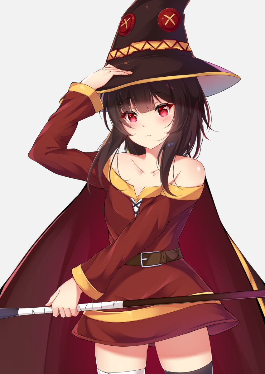 1girl absurdres bandaged_leg bandages bangs bare_shoulders black_hair black_legwear blush breasts cape collarbone commentary_request dress eyebrows_visible_through_hair fingerless_gloves frown gloves hat highres kono_subarashii_sekai_ni_shukufuku_wo! looking_at_viewer megumin red_dress red_eyes single_thighhigh solo thigh-highs tming witch_hat