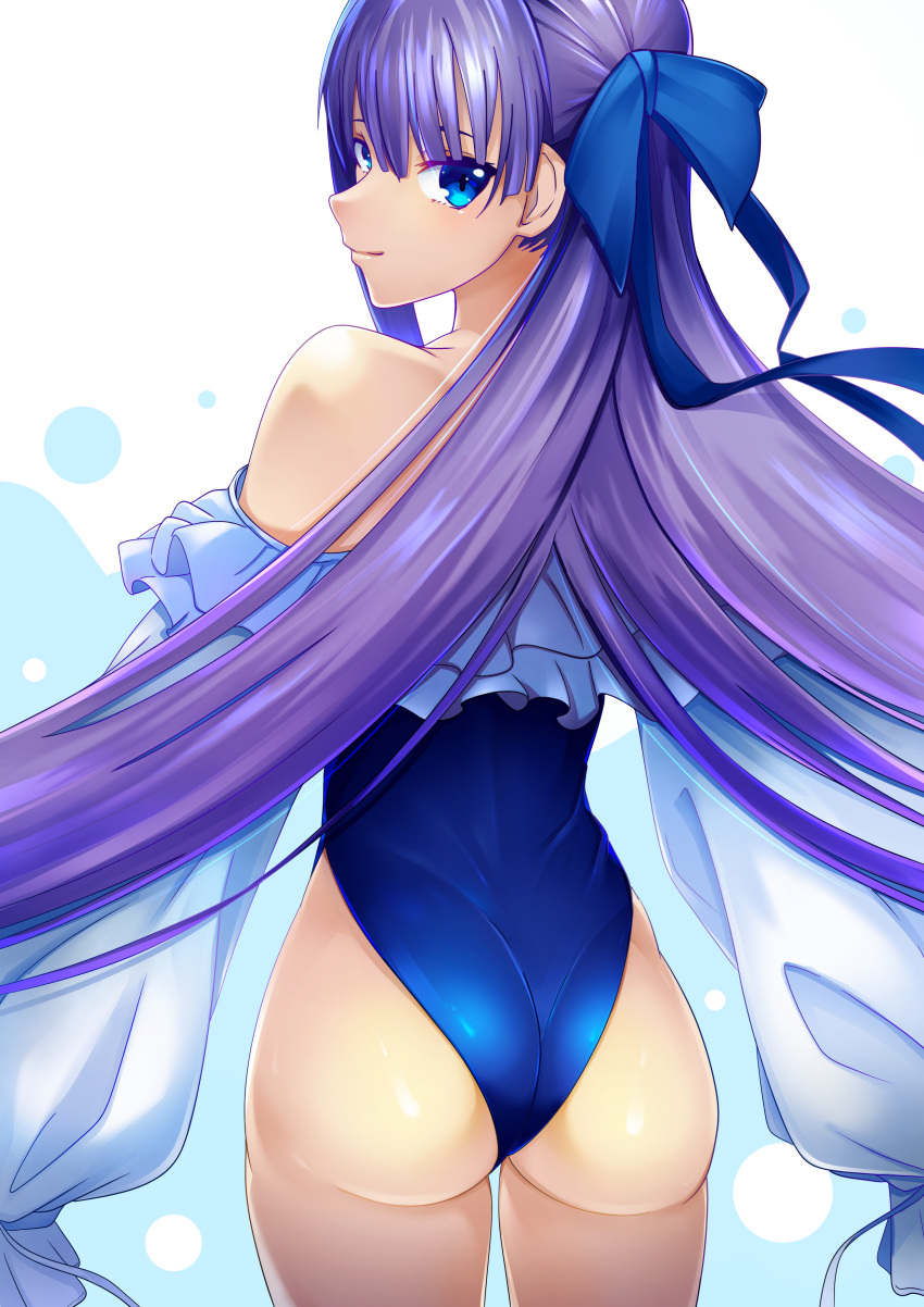 1girl absurdres ass bangs blue_bow blue_eyes blue_swimsuit bow casual_one-piece_swimsuit closed_mouth cowboy_shot fate/grand_order fate_(series) floating_hair from_behind hair_bow highres long_hair long_sleeves looking_at_viewer looking_back meltryllis meltryllis_(swimsuit_lancer)_(fate) one-piece_swimsuit purple_hair shiny shiny_hair shrug_(clothing) smile solo standing swimsuit thigh_gap user_fnkj2325 very_long_hair white_background white_sleeves