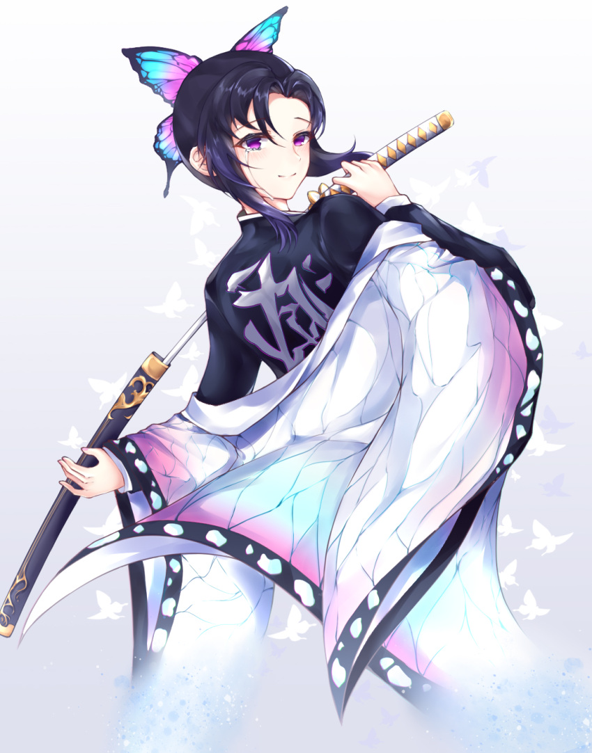1girl 2540539945 black_hair black_kimono butterfly_hair_ornament closed_mouth cropped_legs crying floating_hair from_behind gradient_hair hair_between_eyes hair_ornament haori highres holding holding_sheath holding_sword holding_weapon japanese_clothes kimetsu_no_yaiba kimono kochou_shinobu long_sleeves looking_at_viewer multicolored_hair purple_hair sheath short_hair_with_long_locks smile solo standing sword tears unsheathed violet_eyes weapon white_background