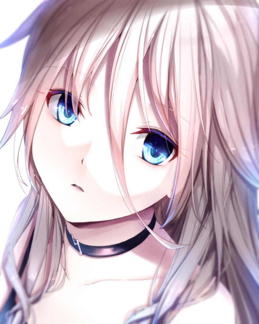 1girl blue_eyes collarbone eyebrows_visible_through_hair hair_between_eyes highres ia_(vocaloid) jun_(sky_ia_127_snow) long_hair looking_at_viewer open_mouth portrait silver_hair solo vocaloid white_background