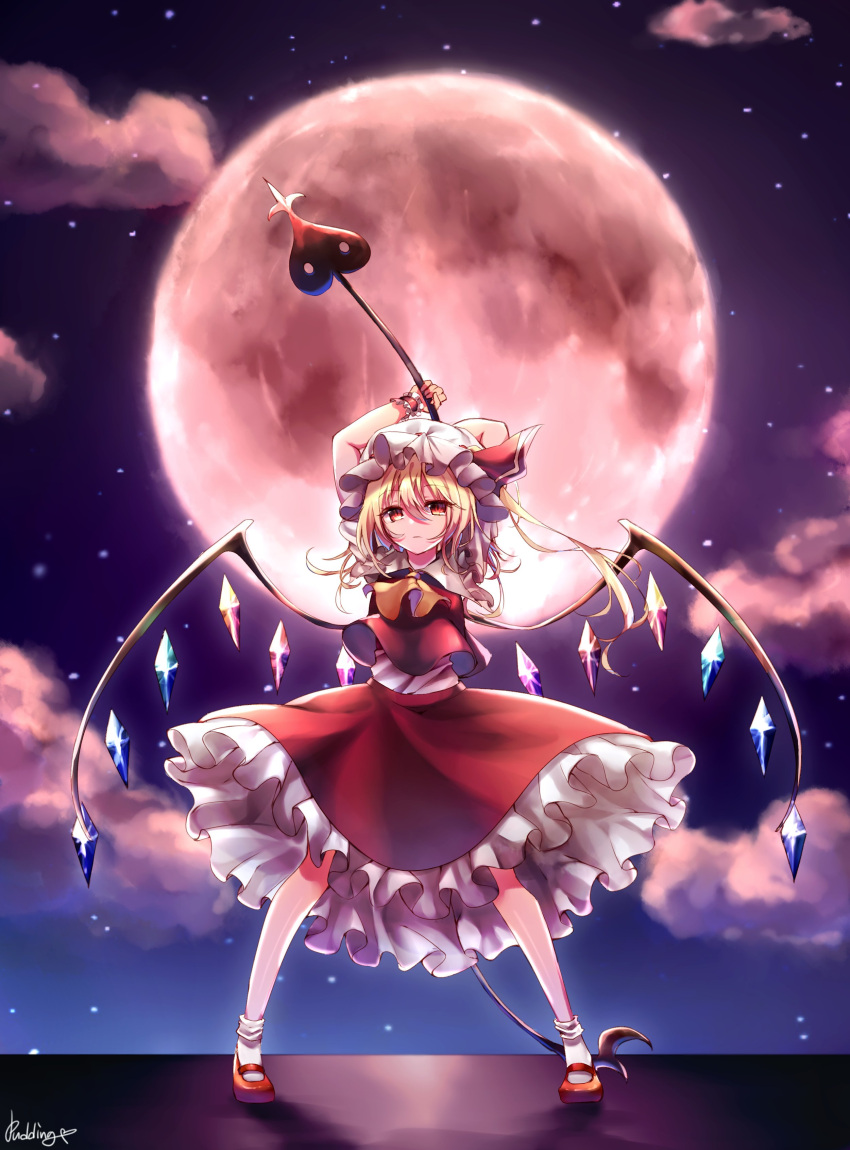 1girl absurdres arms_behind_head artist_name blonde_hair bobby_socks clouds cravat expressionless eyebrows_visible_through_hair flandre_scarlet full_body hair_between_eyes hat hat_ribbon highres holding holding_weapon laevatein legs_apart looking_at_viewer mary_janes mob_cap moon night outdoors petticoat pudding_(skymint_028) red_clouds red_eyes red_footwear red_moon red_skirt red_vest ribbon shirt shoes short_hair side_ponytail skirt skirt_set sky socks solo standing star_(sky) starry_sky touhou vest weapon white_headwear white_legwear white_shirt wings wrist_cuffs yellow_neckwear
