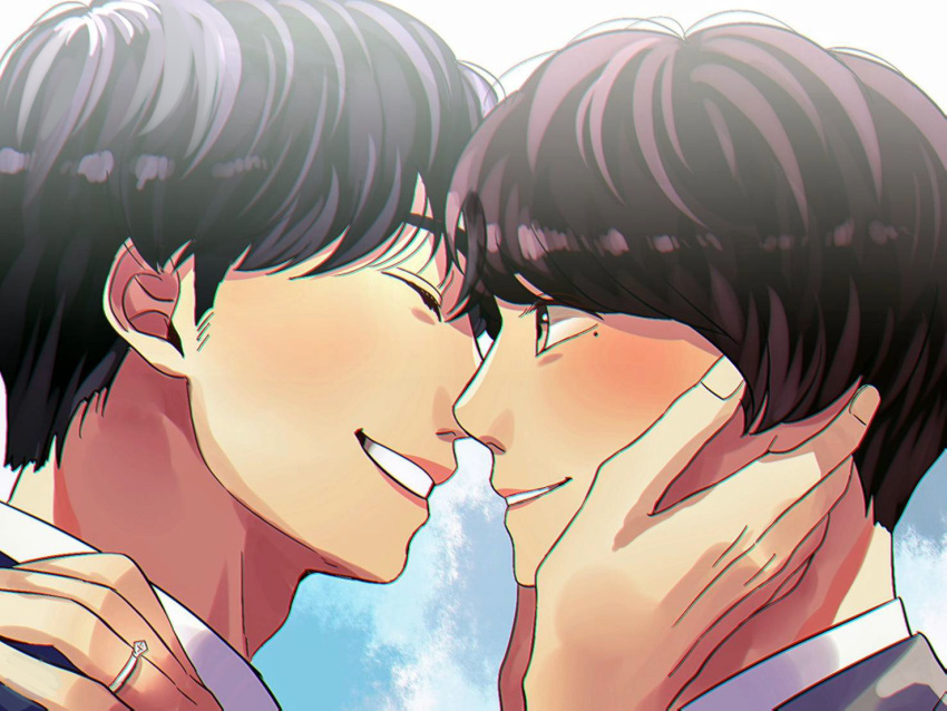 2boys black_hair blue_background brown_eyes brown_hair closed_eyes clouds day gekijouban_ossan_zu_rabu hand_on_another's_cheek hand_on_another's_face imai jewelry looking_at_another male_focus mole mole_under_eye multiple_boys outdoors parted_lips profile ring yaoi