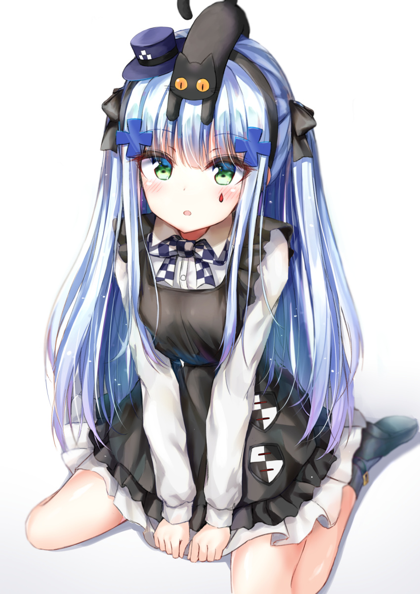 1girl :o animal animal_on_head bangs beliatan black_cat black_ribbon blue_hair blunt_bangs blush bow bowtie cat cat_on_head checkered checkered_neckwear collared_shirt dress eyebrows_visible_through_hair eyes_visible_through_hair frilled_dress frills full_body girls_frontline green_eyes hair_between_eyes hair_ornament hair_ribbon hat highres hk416_(girls_frontline) iron_cross kneeling long_hair long_sleeves looking_at_viewer looking_up mary_janes mini_hat on_head open_mouth ribbon shirt shoes sidelocks simple_background sitting two_side_up v_arms wariza white_background