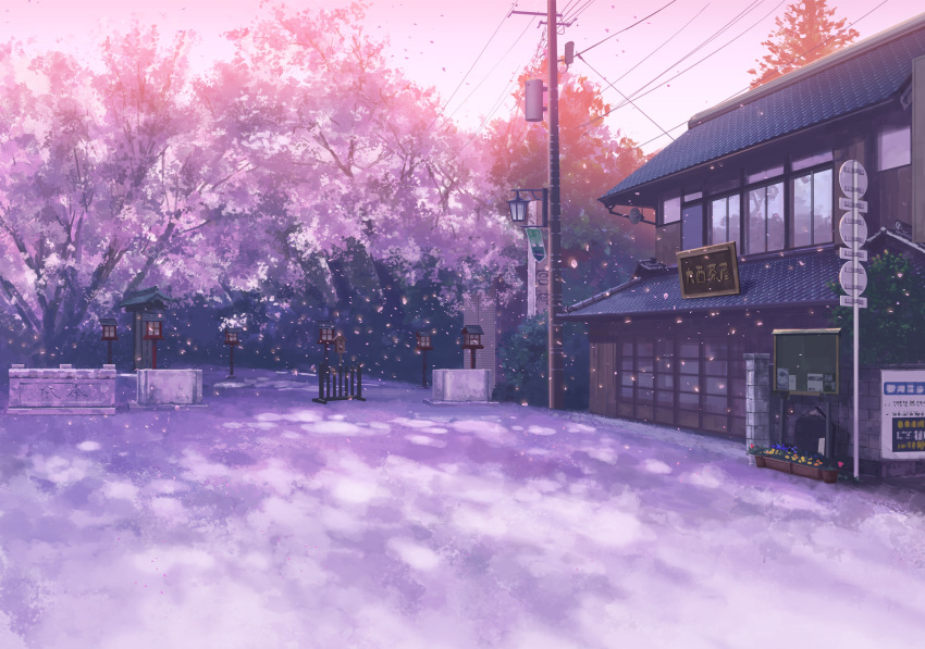 bulletin_board cherry_blossoms dappled_sunlight flower highres house isou_nagi lamppost lantern no_humans petals pink plant potted_plant power_lines road_sign scenery sign sky speaker spring_(season) sunlight telephone_pole tree