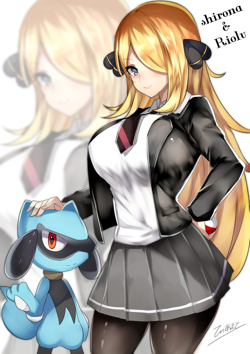 1girl black_legwear black_skirt blazer blonde_hair breasts gen_4_pokemon hair_over_one_eye highres holding holding_poke_ball jacket necktie open_blazer open_clothes open_jacket poke_ball poke_ball_(generic) pokemon pokemon_(creature) pokemon_(game) pokemon_dppt riolu school_uniform shirona_(pokemon) skirt tea_texiamato