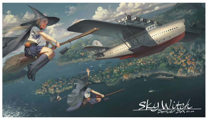 3girls aircraft airplane alphonse_(white_datura) black_cat blurry blurry_background border broom broom_riding brown_hair building cat cloak day english_text flying flying_boat grey_hair hat highres loafers long_hair multiple_girls open_mouth original pleated_skirt ponytail school_uniform serafuku shoes short_hair signature skirt socks violet_eyes water waving white_border witch_hat