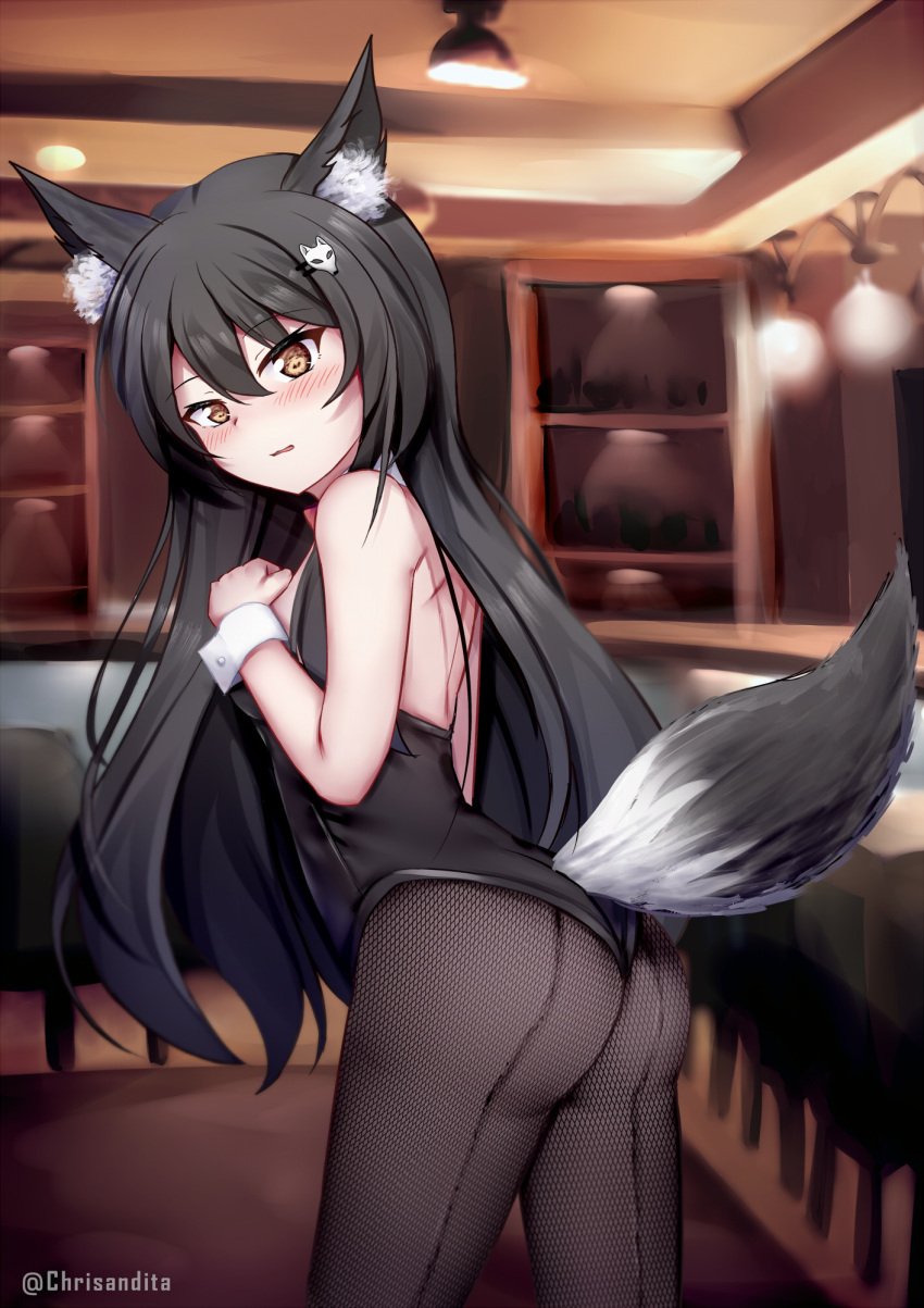 1girl animal_ear_fluff animal_ears ass bangs bare_shoulders black_hair black_leotard blush breasts brown_eyes brown_legwear chrisandita collar commentary detached_collar english_commentary eyebrows_visible_through_hair fishnet_pantyhose fishnets fox_ears fox_girl fox_hair_ornament fox_tail hair_between_eyes hair_ornament hairclip highres indoors leotard long_hair looking_at_viewer looking_to_the_side original pantyhose small_breasts solo standing strapless strapless_leotard tail twitter_username very_long_hair white_collar wrist_cuffs