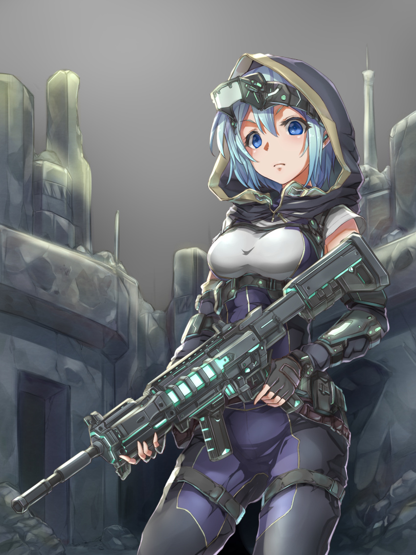 1girl assault_rifle blue_eyes blue_hair breasts city commentary_request cyberpunk fingerless_gloves gloves goggles goggles_on_head gun highres hood original potato_tacos rifle ruins solo tactical_clothes trigger_discipline weapon