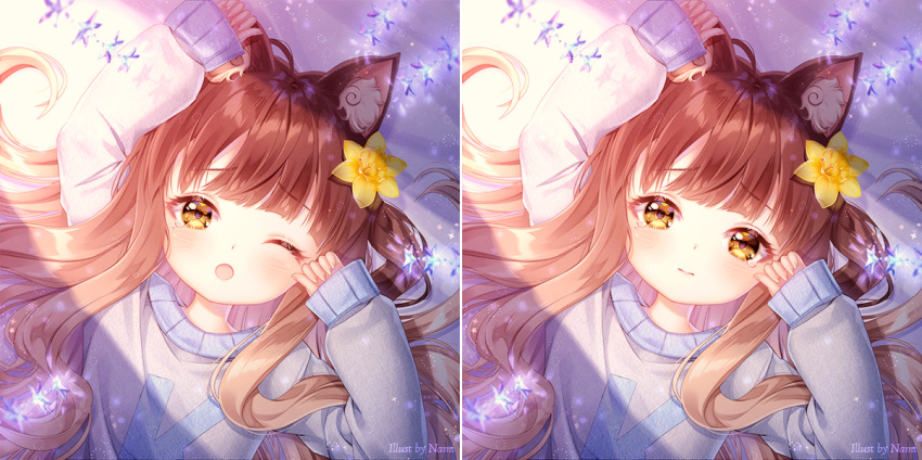 1girl ;o ahoge animal_ear_fluff animal_ears arm_up bangs blush brown_hair closed_mouth commission eyebrows_visible_through_hair fingernails flower grey_sweater hair_flower hair_ornament long_hair long_sleeves looking_at_viewer lying multiple_views natsumii_chan on_back one_eye_closed open_mouth original sleeves_past_wrists star sweater tears upper_body yellow_flower