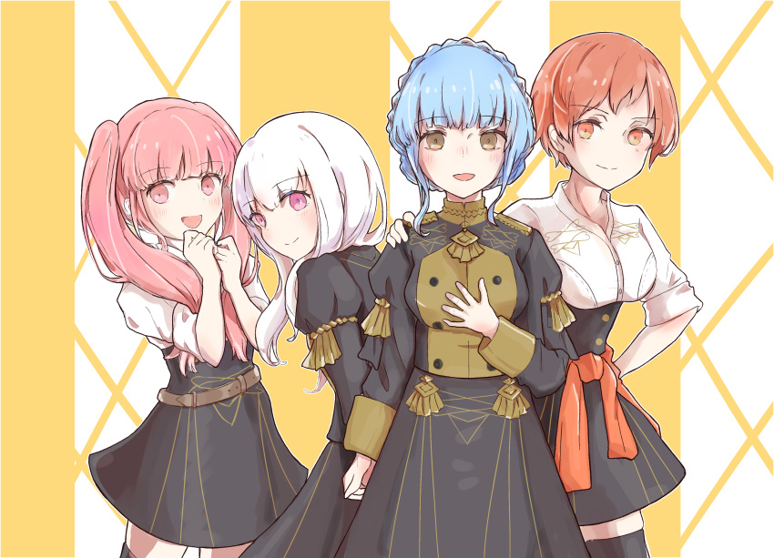 4girls absurdres airisuotog belt blue_hair braid brown_eyes closed_mouth crown_braid epaulettes fire_emblem fire_emblem:_three_houses from_side garreg_mach_monastery_uniform highres hilda_valentine_goneril leonie_pinelli long_hair long_sleeves looking_to_the_side lysithea_von_ordelia marianne_von_edmund multiple_girls open_mouth orange_eyes orange_hair pink_eyes pink_hair short_hair short_sleeves smile twintails uniform white_hair