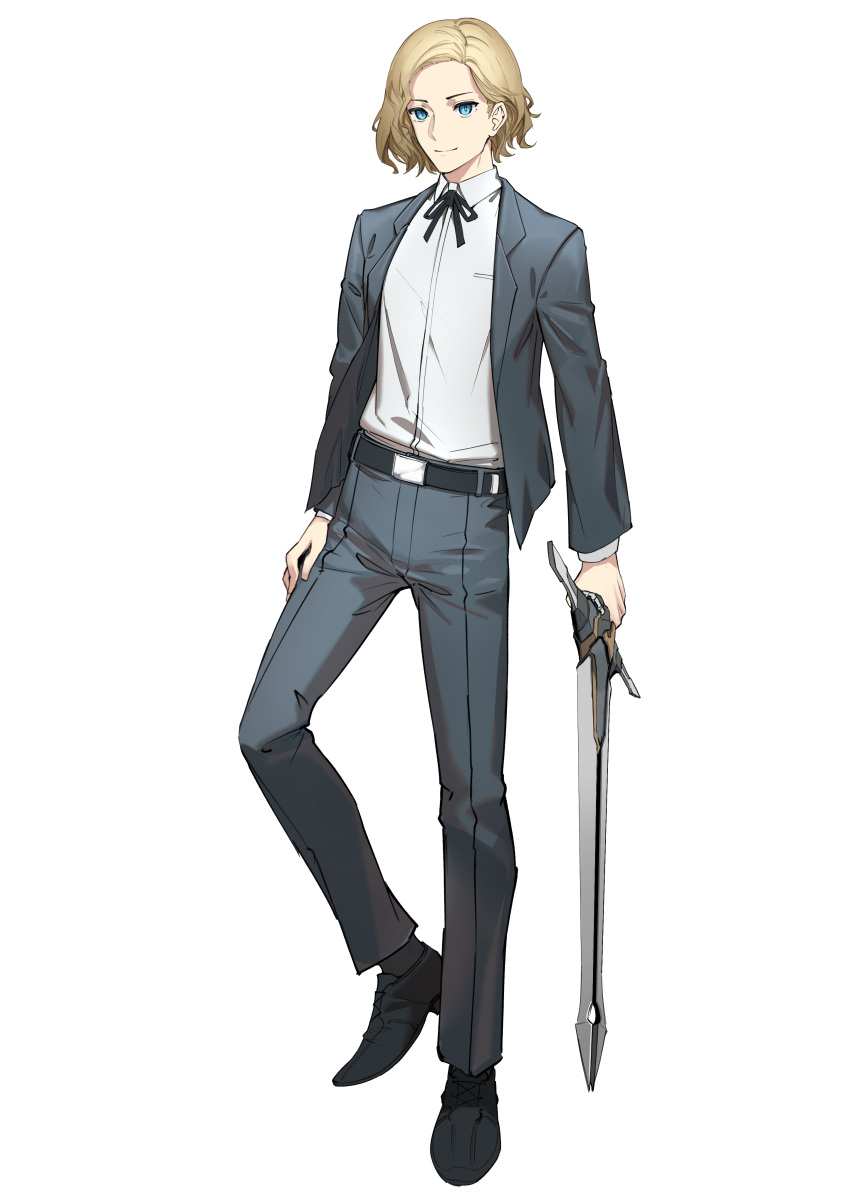 1boy absurdres black_footwear black_ribbon blonde_hair blue_eyes closed_mouth collared_shirt copyright_request dress_shirt fixro2n forehead formal full_body grey_jacket grey_pants highres holding holding_sword holding_weapon jacket long_sleeves looking_at_viewer male_focus neck_ribbon official_art open_clothes open_jacket pants ribbon shirt shoes smile solo standing standing_on_one_leg suit sword weapon white_shirt