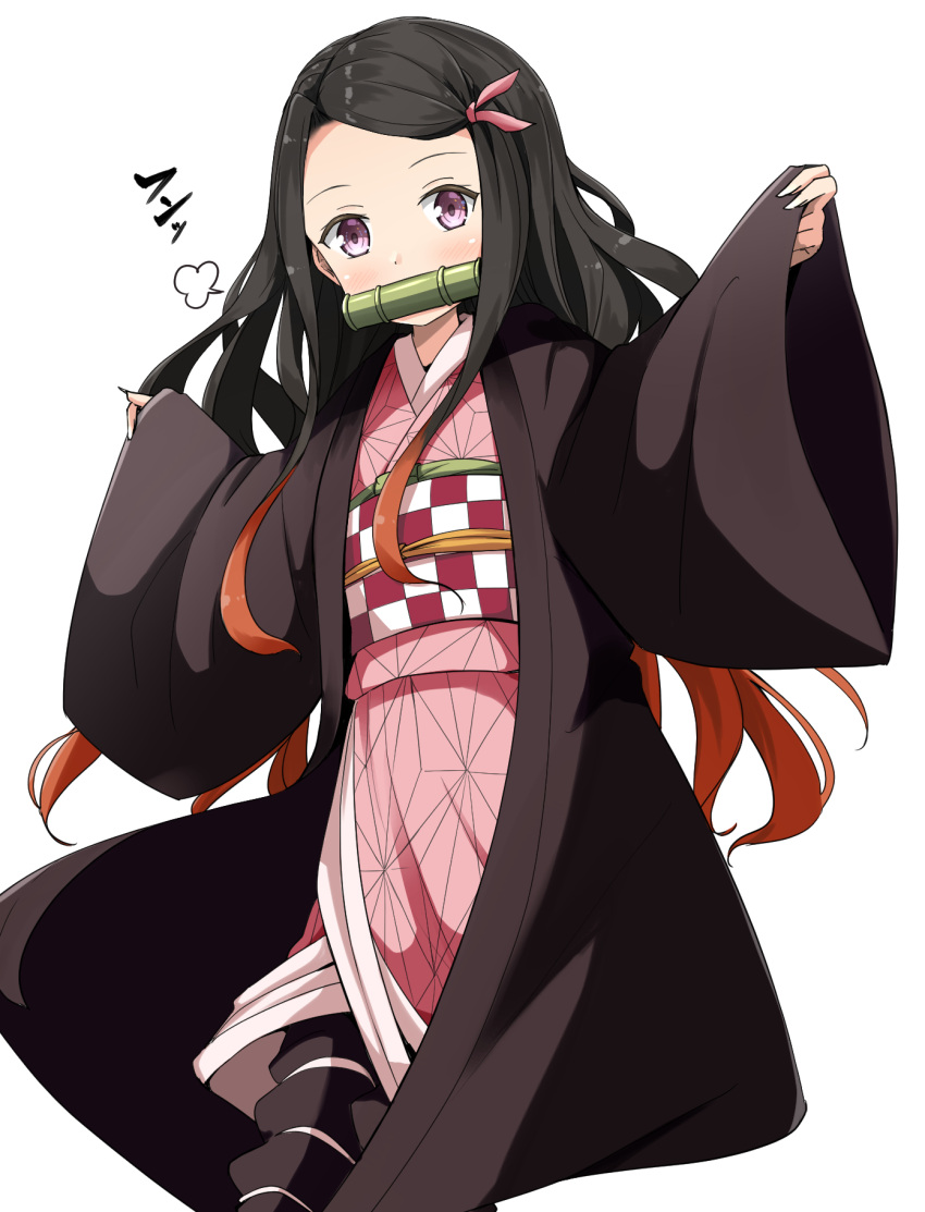 1girl aikawa_ryou bamboo bit_gag black_hair brown_hair commentary_request gag hair_ribbon highres japanese_clothes kamado_nezuko kimetsu_no_yaiba kimono long_hair looking_at_viewer mouth_hold multicolored_hair pink_eyes pink_kimono pink_ribbon ribbon solo wide_sleeves