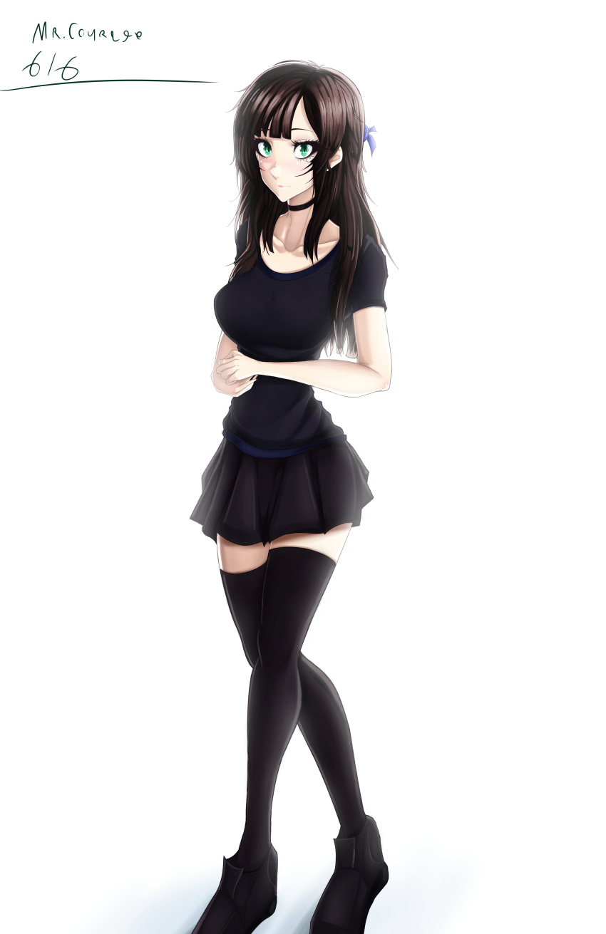 black_shirt black_shoes black_skirt blush bow brown_hair cafe cafe_maid choker collar collarbone green_eyes hands_together long_hair looking_at_viewer mr.courage616 open_mouth self_upload simple_background skirt standing stockings white_background