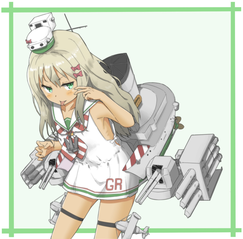 1girl bigkwl blonde_hair dress eyebrows_visible_through_hair grecale_(kantai_collection) green_background green_eyes hair_ornament hair_ribbon highres kantai_collection long_hair looking_at_viewer machinery open_mouth paravane ribbon sailor_dress sandals sleeveless sleeveless_dress smile solo standing tan tongue tongue_out torpedo torpedo_launcher torpedo_tubes transparent_background turret wavy_hair white_dress