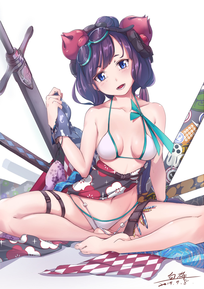 1girl :d bangs barefoot bikini blue_eyes breasts fate/grand_order fate_(series) goggles goggles_on_head hair_ornament highres indian_style katana katsushika_hokusai_(swimsuit_saber)_(fate) looking_at_viewer open_mouth purple_hair sash sheath sheathed shiroi_ume sitting smile solo swimsuit sword teeth thigh_strap weapon white_bikini