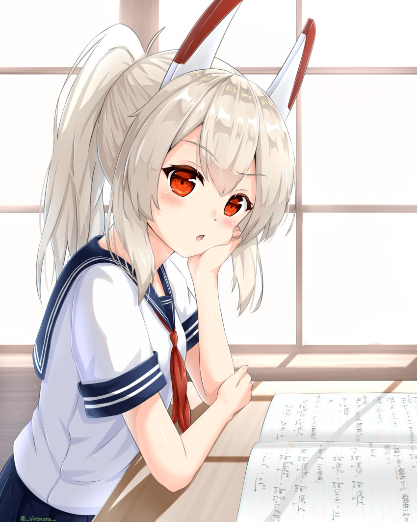 1girl :o absurdres alternate_costume ayanami_(azur_lane) azur_lane bangs blue_sailor_collar blush commentary_request day desk eyebrows_visible_through_hair hair_between_eyes hand_on_own_cheek headgear highres indoors looking_at_viewer math medium_hair notebook platinum_blonde_hair ponytail red_eyes sailor_collar school_desk school_uniform serafuku short_sleeves sidelocks sirono-ra0929 sitting solo sunlight window