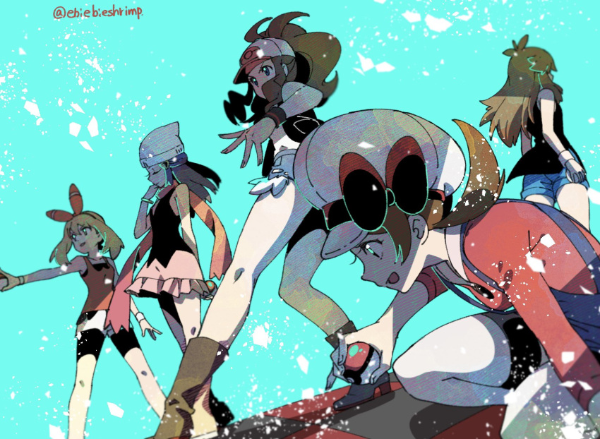 5girls back bare_legs baseball_cap bike_shorts blue_(pokemon) blue_background blue_eyes blue_hair boots bow brown_footwear brown_hair closed_eyes denim denim_shorts dress floating_hair gloves hairband haruka_(pokemon) hat hat_bow highres hikari_(pokemon) kotone_(pokemon) light_particles long_hair long_sleeves medium_hair multiple_girls open_mouth overalls poke_ball pokemon pokemon_(game) pokemon_bw pokemon_dppt pokemon_gsc pokemon_masters pokemon_rgby pokemon_rse scarf short_dress short_shorts shorts shuri_(84k) simple_background sleeveless touko_(pokemon) twitter_username white_gloves white_headwear wristband