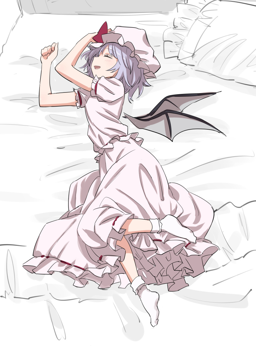 1girl :d ^_^ arms_up bat_wings bed blue_hair bow clenched_hand closed_eyes commentary_request dress from_side full_body hat hat_bow highres leon_(mikiri_hassha) lying mob_cap no_shoes on_side open_mouth pillow puffy_short_sleeves puffy_sleeves red_bow remilia_scarlet short_hair short_sleeves smile socks solo touhou white_dress white_headwear white_legwear wings