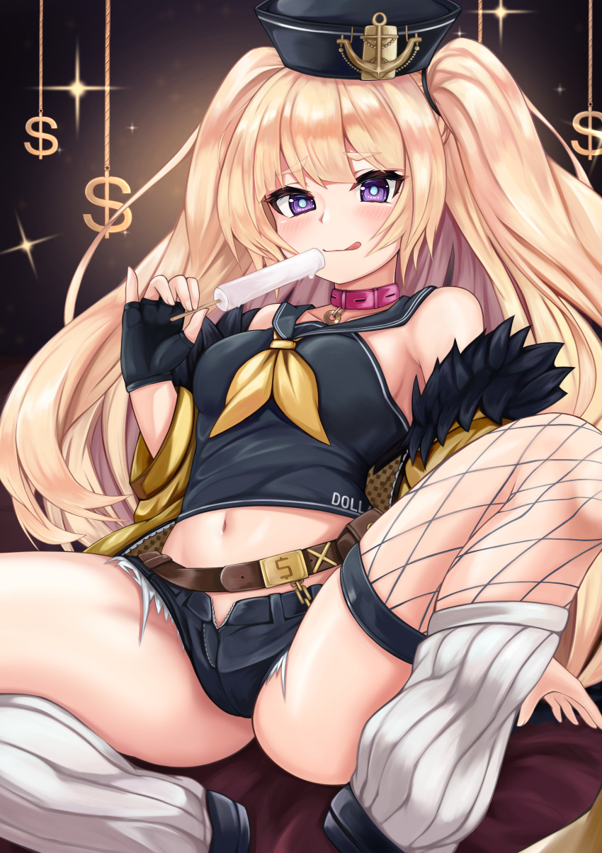 1girl :q absurdres ass azur_lane bache_(azur_lane) bare_shoulders belt black_gloves black_headwear black_sailor_collar black_shirt black_shorts blonde_hair breasts closed_mouth collar crop_top denim denim_shorts dollar_sign fingerless_gloves fishnet_legwear fishnets food fur_trim gloves hand_up hat highres holding holding_food jacket long_hair looking_at_viewer loose_socks micro_shorts midriff navel neckerchief off_shoulder open_fly popsicle ryara_vivi sailor_collar sailor_hat shirt shorts sitting sleeveless sleeveless_shirt small_breasts smile solo sparkle tongue tongue_out two_side_up violet_eyes yellow_jacket