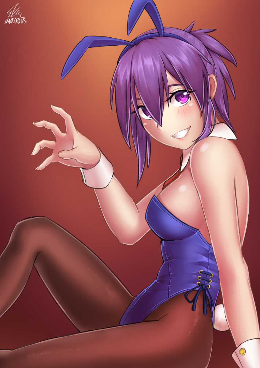 1girl absurdres animal_ears blue_leotard bow bowtie breasts brown_background brown_legwear bunny_girl bunny_tail bunnysuit curled_fingers detached_collar feet_out_of_frame grin highres leotard looking_at_viewer naberius neckerchief original pantyhose pink_eyes purple_hair rabbit_ears red_neckwear short_hair signature smile solo strapless strapless_leotard tail wrist_cuffs