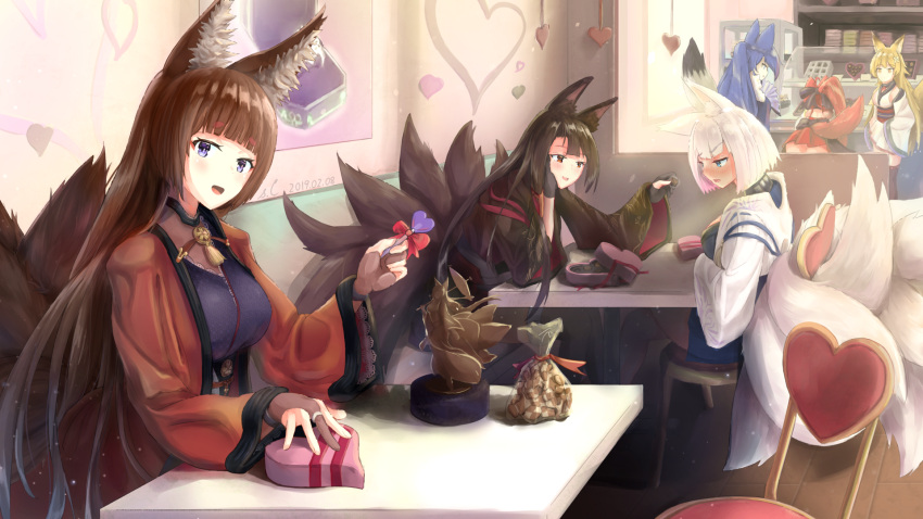 6+girls akagi_(azur_lane) amagi_(azur_lane) animal_ears azur_lane bag bangs black_legwear blonde_hair blue_eyes blue_hair blunt_bangs brown_hair candy chocolate chocolate_heart chocolate_statue commentary commentary_request display eyebrows_visible_through_hair fan flower folding_fan food fox_ears fox_tail gloves hair_flower hair_ornament heart highres indoors japanese_clothes jewelry jintsuu_(azur_lane) kaga_(azur_lane) kimono lollipop long_hair multiple_girls multiple_tails naka_(azur_lane) official_art open_mouth ponytail poster_(object) red_eyes redhead ring s.claw sendai_(azur_lane) short_hair sitting skirt tail thigh-highs valentine violet_eyes white_hair wide_sleeves window