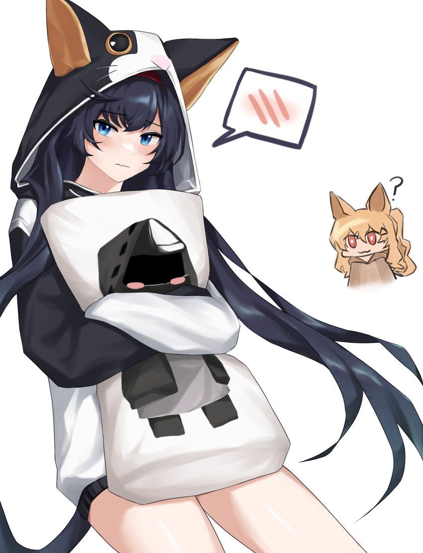 2girls ? absurdres animal_ears animal_hood arknights bangs black_hair blaze_(arknights) blue_eyes blush blush_stickers cat_ears cat_tail ceobe_(arknights) chibi commentary_request cowboy_shot doctor_(arknights) eyebrows_visible_through_hair highres hood hoodie kakago long_hair long_sleeves looking_at_viewer multiple_girls no_pants object_hug official_alternate_costume pillow pillow_hug simple_background spoken_blush tail thighs very_long_hair white_background